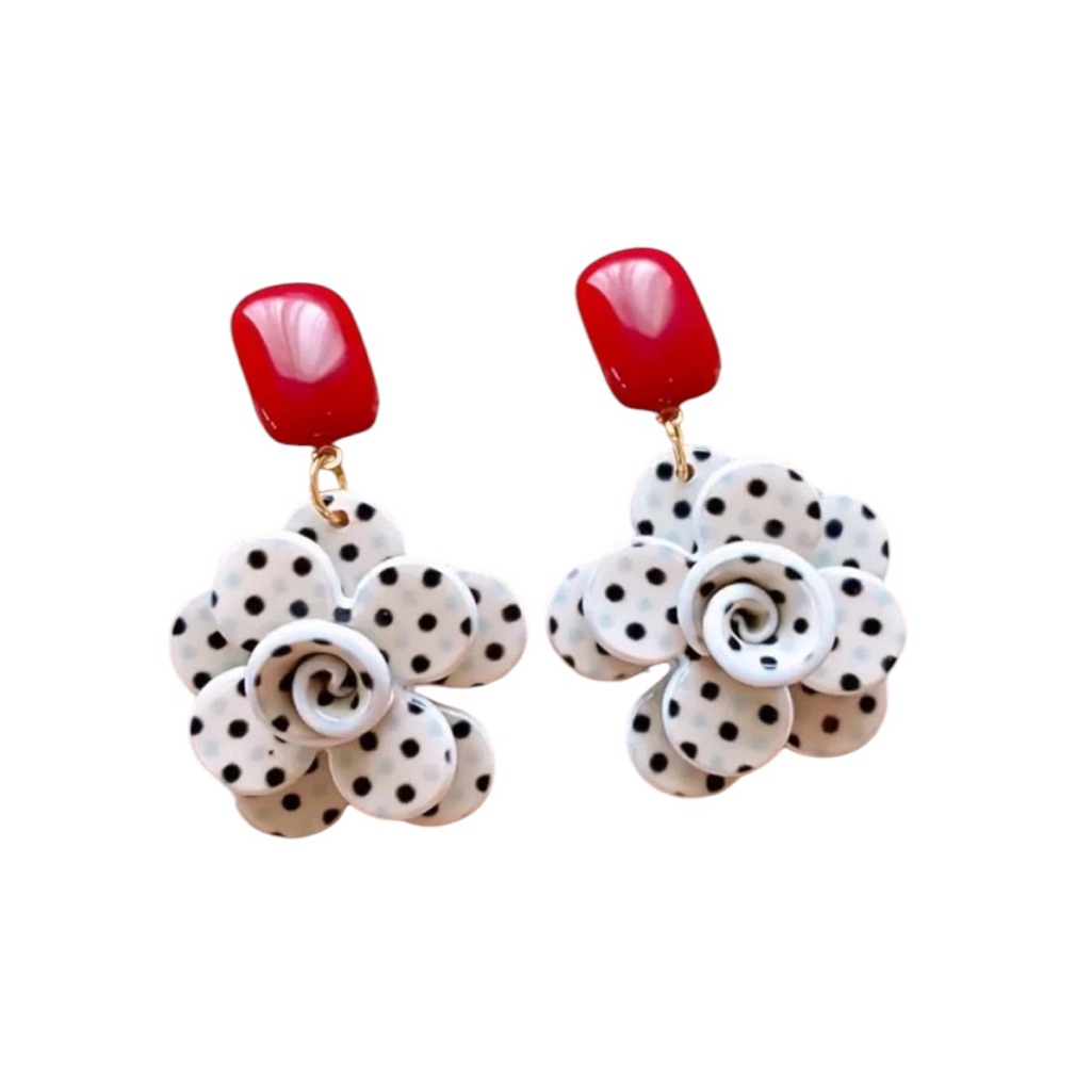 Black White Polka Dot Floral Earrings 18$